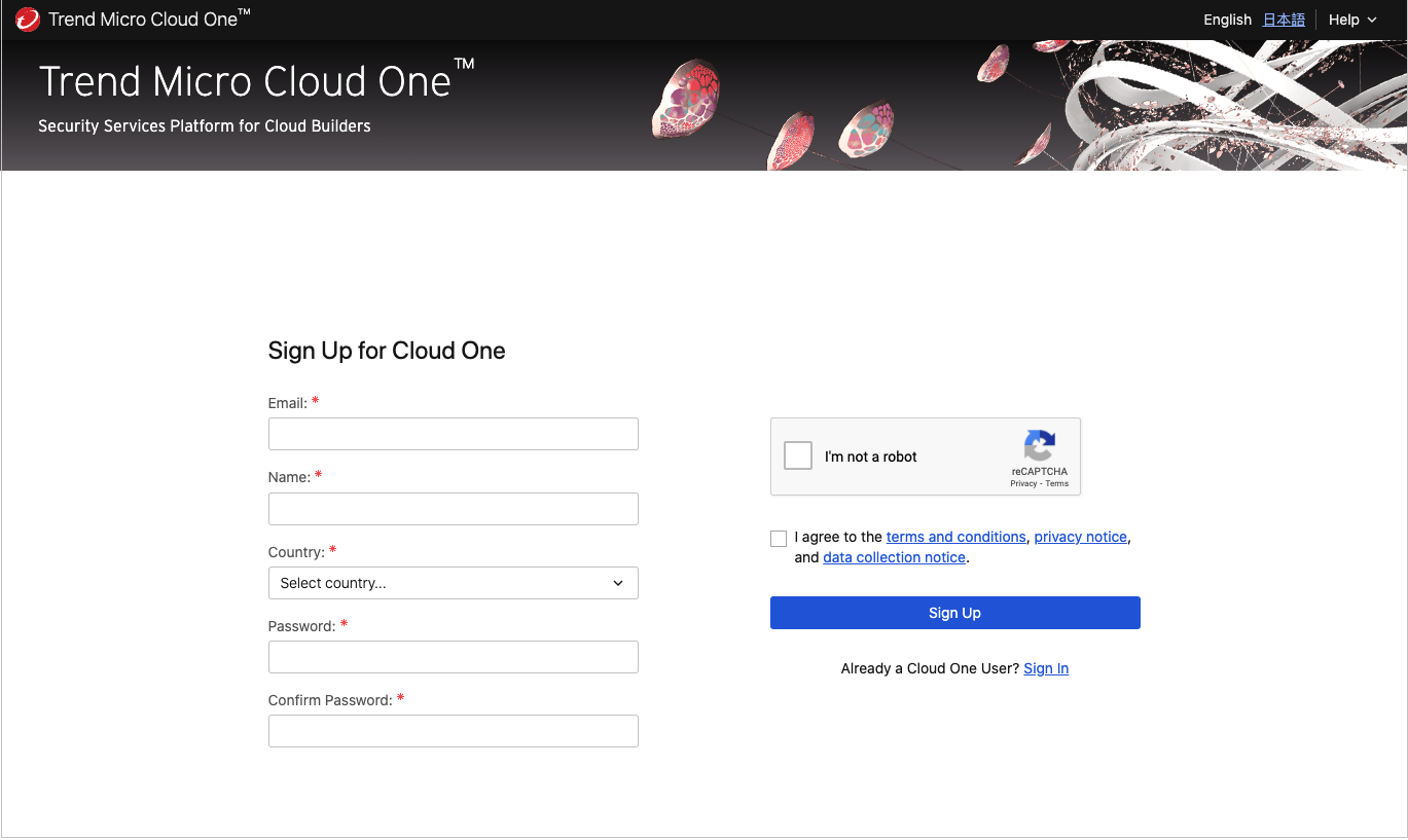 Trend Micro Cloud One Sign Up page