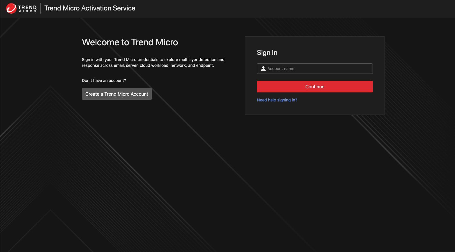 Trend Micro Activation Service page with Sign In