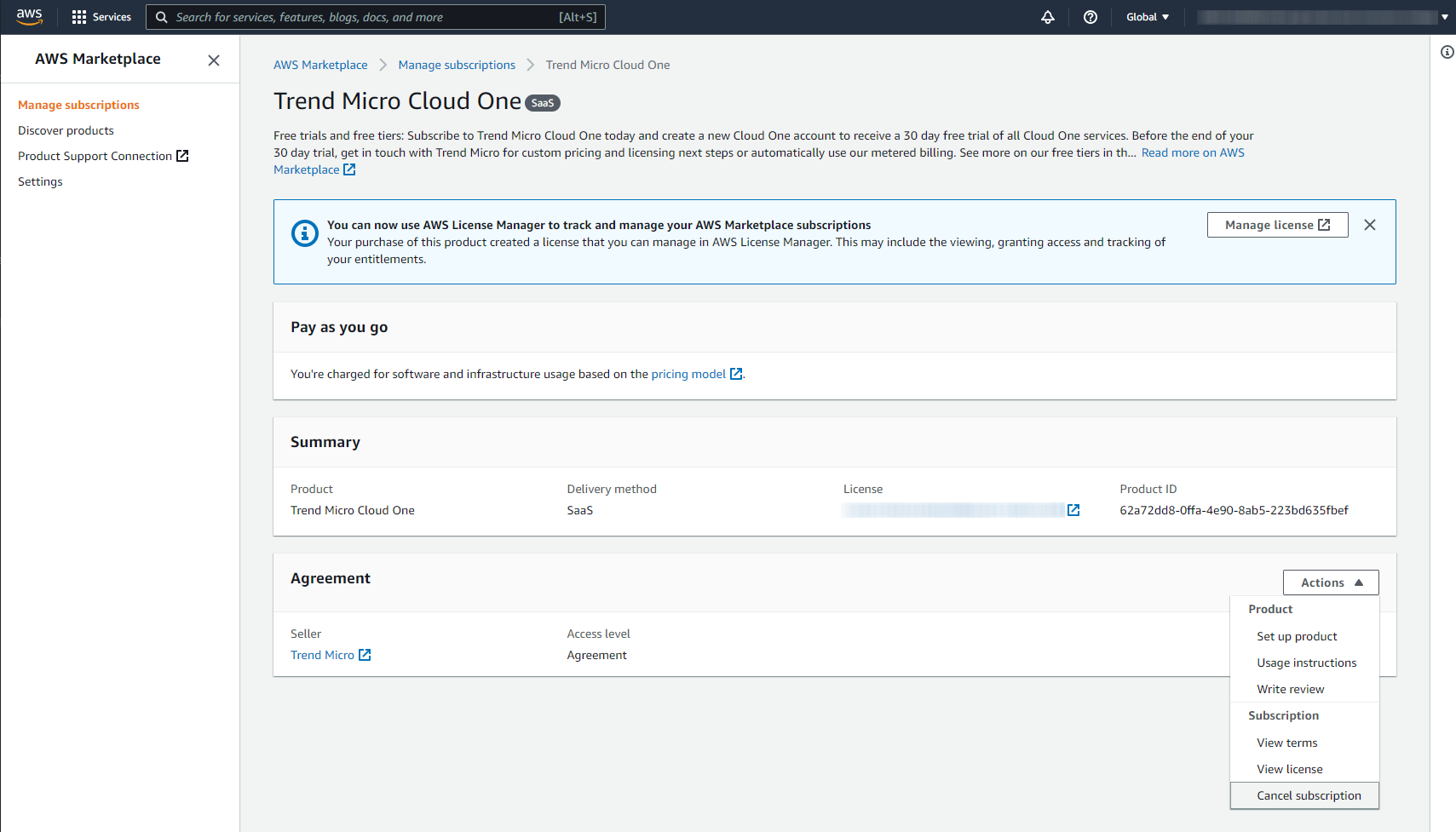 Trend Micro Cloud One subscription page with Cancel subscription displayed