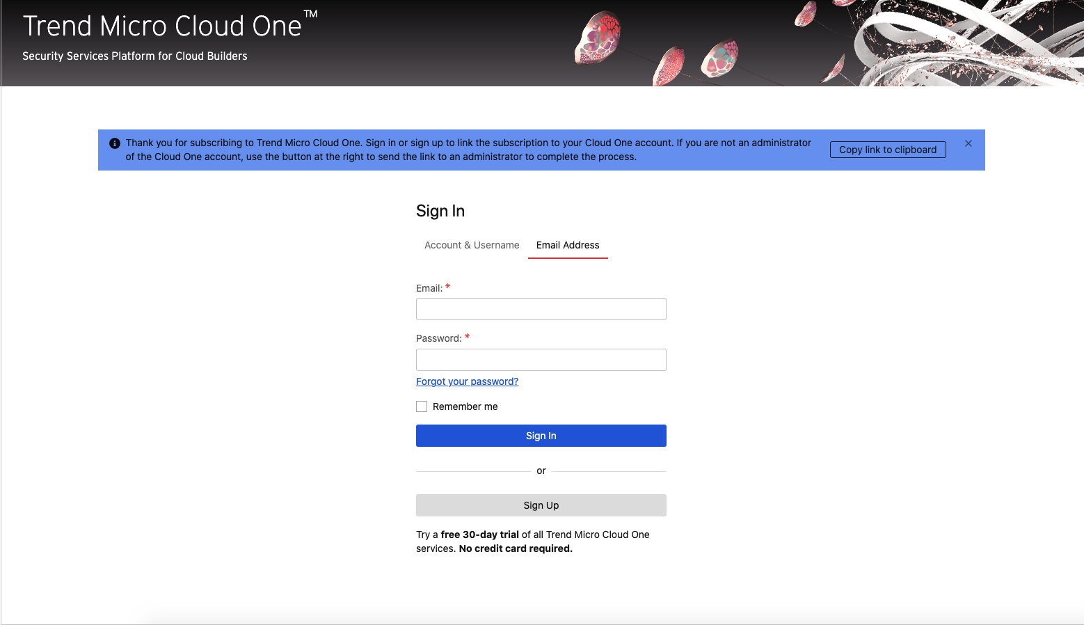 Trend Micro Cloud One Sign In page