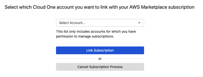 Image showing page where you can select an account before clicking Link Subscription