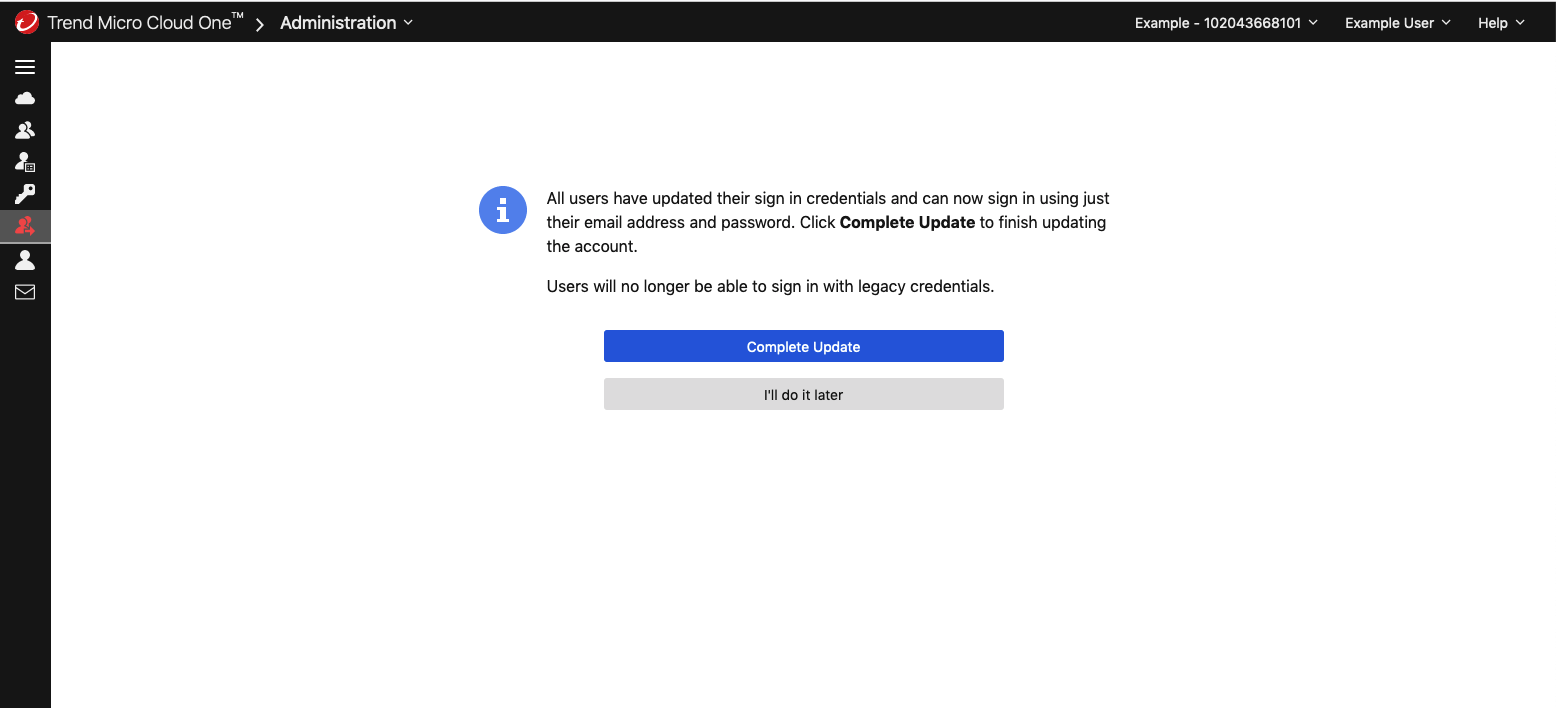 Trend Micro Cloud One account update completion prompt
