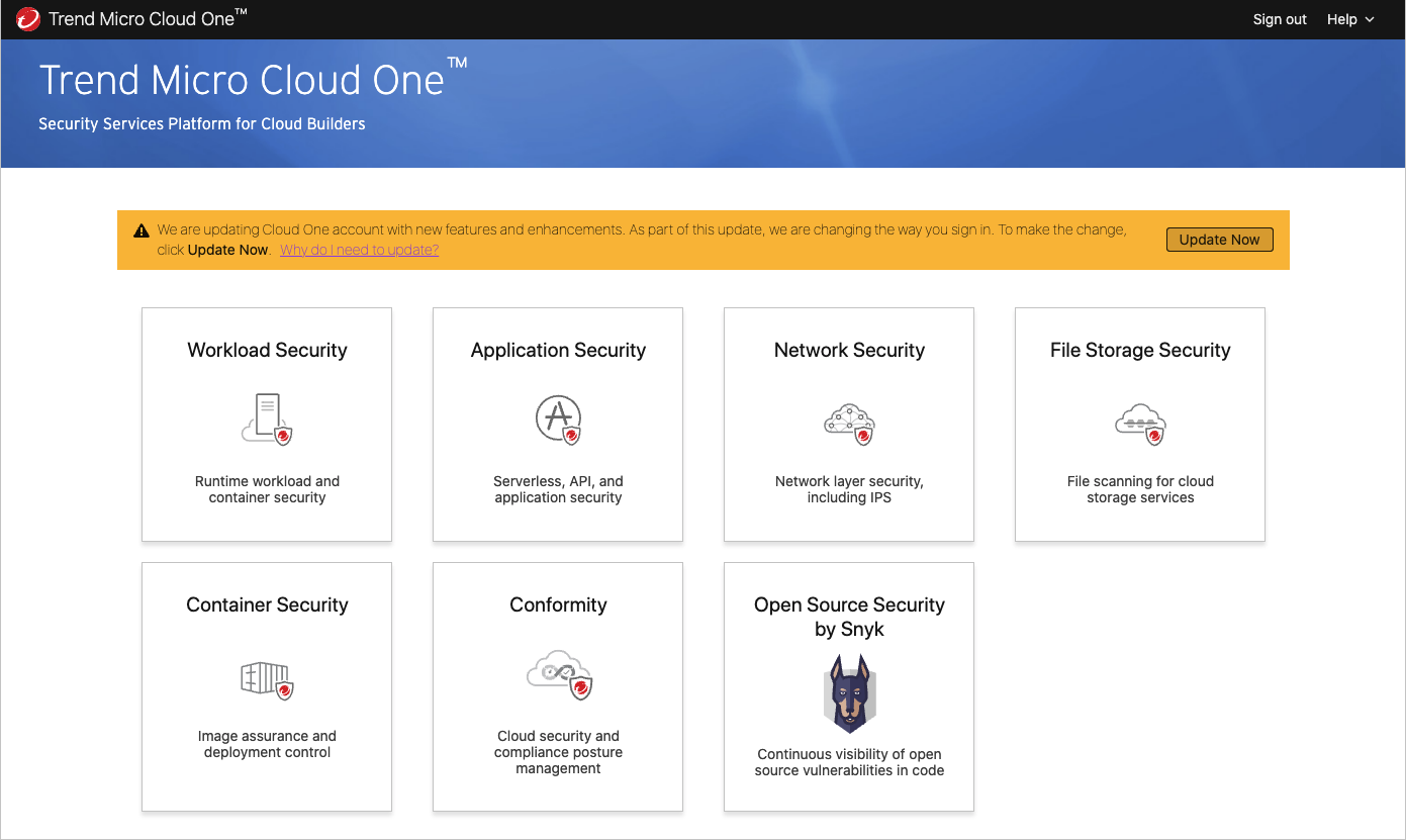 Trend Micro Cloud One console with banner containing an Upgrade Now button
