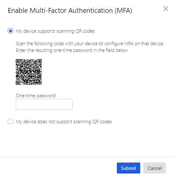 Screen where you enable MFA. It displays a QR code and an option to select if your device doesn't support scanning QR codes