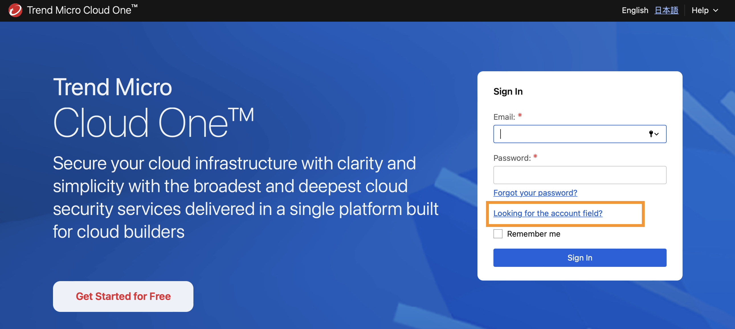 Cloud One sign-in page
