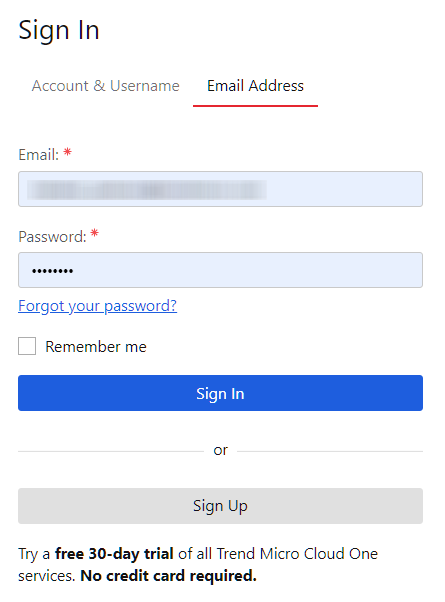 Trend Micro Cloud One sign-in page using email address and password