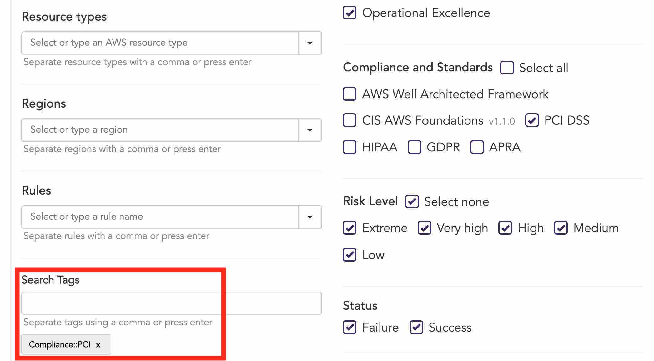AWSタグをCloud Conformity と組み合わせると、カード所有者データ環境（CDE）がPCI準拠を維持できるようになります。 PCIの範囲内にあるすべてのリソース、つまりCDEに「PCI」のタグを付け、そのタグとPCI規格でFailureの表示をフィルタするだけです。