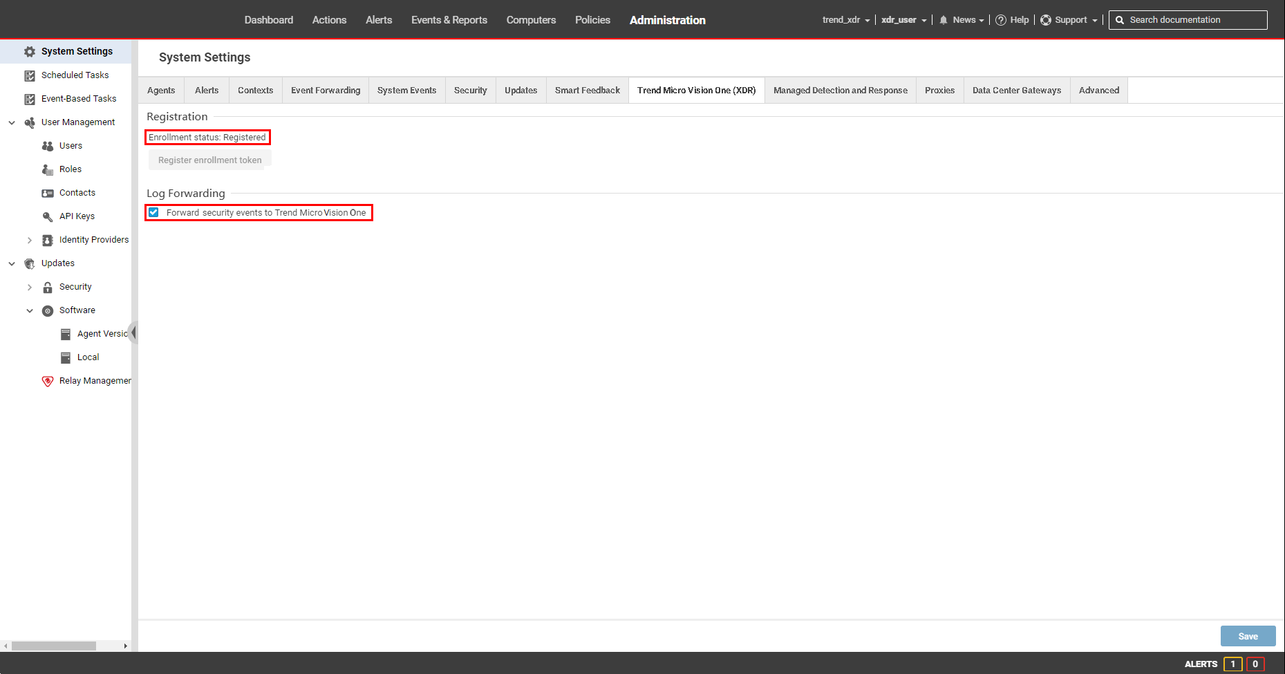 Workload Security System Settings 画面（ Trend Micro Vision One （XDR）タブが表示されています）