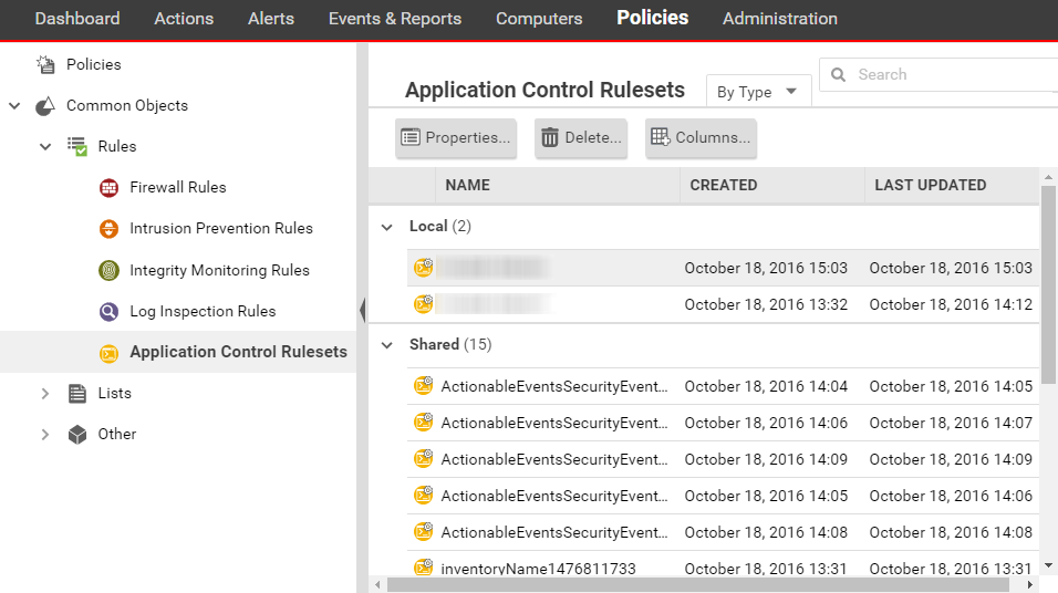 Application Control Software Rulesets page