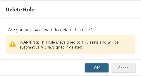 Delete rule confirmation window explaining that deleting a rule assigned to any rulesets will automatically unassign it from them