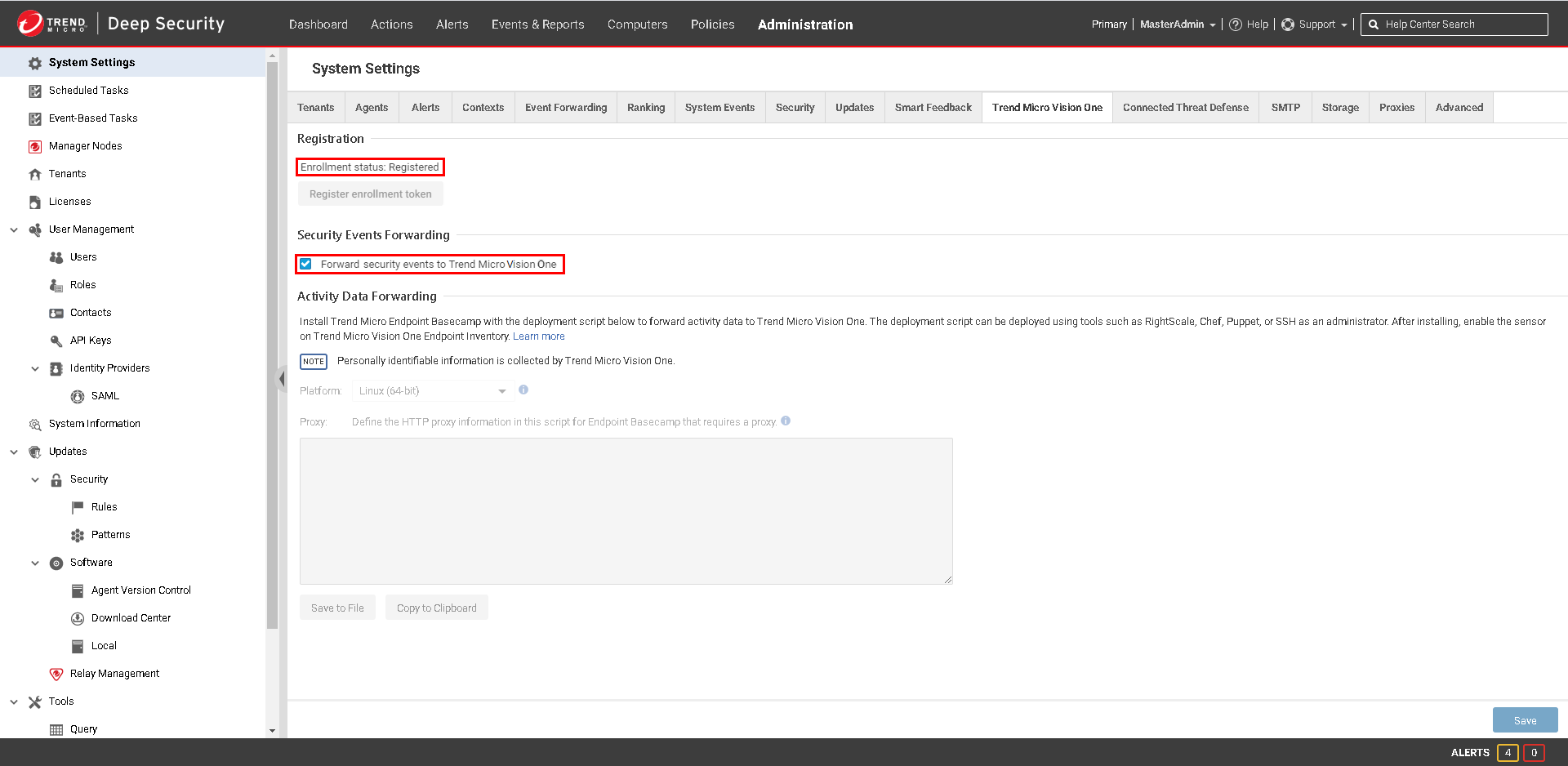 Workload Security System Settings page with Trend Micro Vision One tab displayed