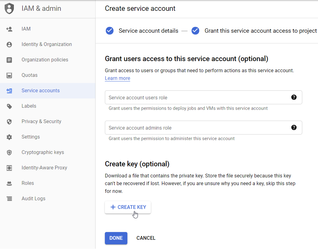 GCP window with Create service account displayed
