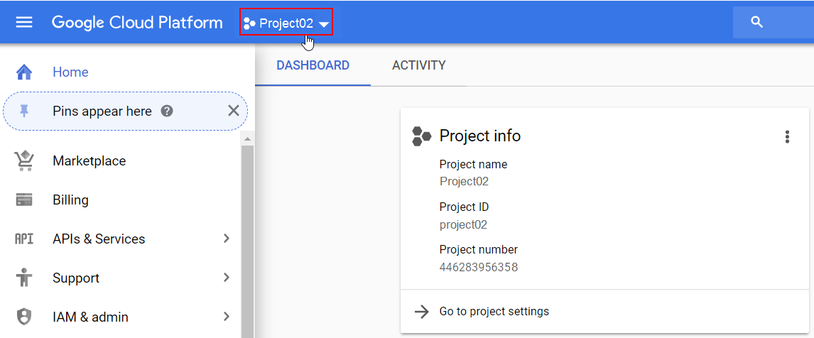 GCP window with project selected