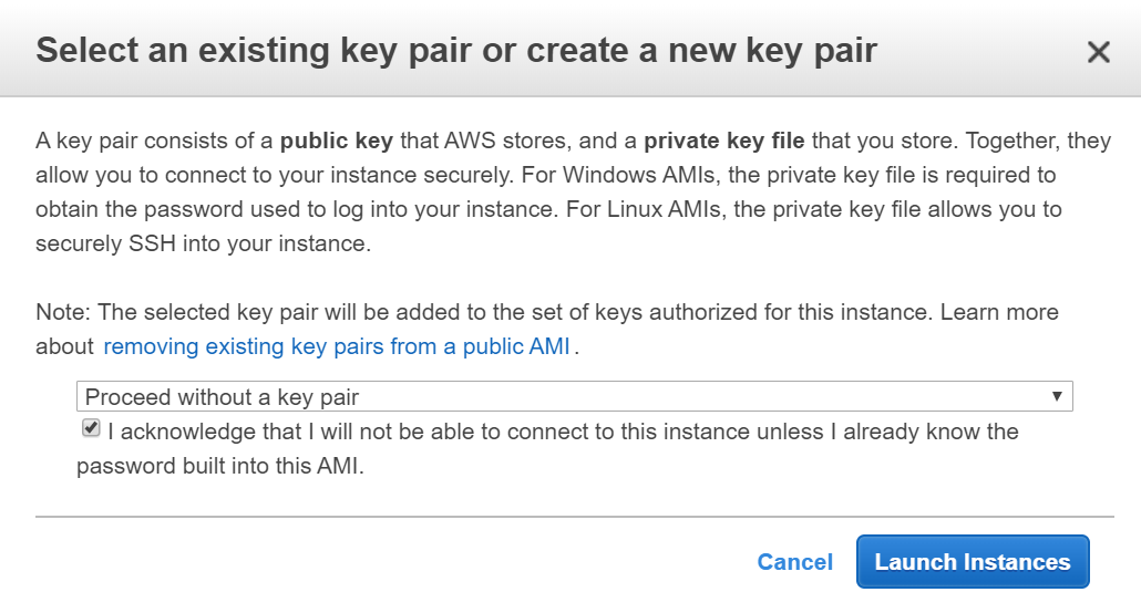 Select an existing key pair or create a new key pair window
