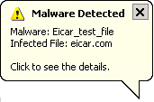 Notifier pop-up for malware detected